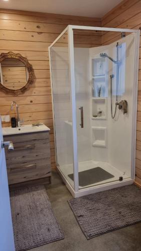 a shower with a glass door next to a sink at Goods Guest house in Waikino