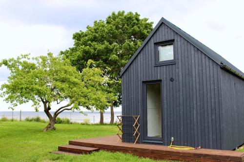 a black house with a tree in a field at Mirage - Dreamy Seaside Design Cabin in Engure