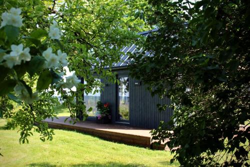a small blue building with a porch and flowers at Mirage - Dreamy Seaside Design Cabin in Engure