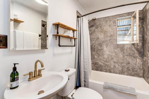 a bathroom with a sink and a toilet and a shower at Wine Country Cottage in Historic Fiddletown! in Fiddletown