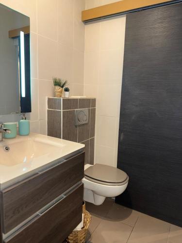 a bathroom with a toilet and a sink at Au cœur du vieux Bourges in Bourges