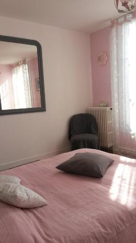 ein Schlafzimmer mit einem Bett mit einem Spiegel und einem Stuhl in der Unterkunft Chambres de Charme a la Ferme in Épinay-sur-Odon