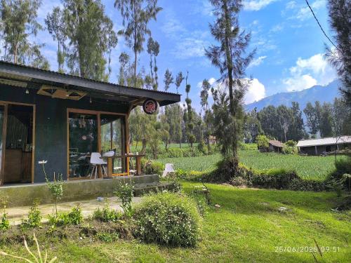 a house in a field with mountains in the background at Elen Homestay by ABM in Bromo