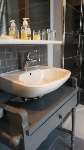 ein Badezimmer mit einem weißen Waschbecken auf der Theke in der Unterkunft Chambres de Charme a la Ferme in Épinay-sur-Odon
