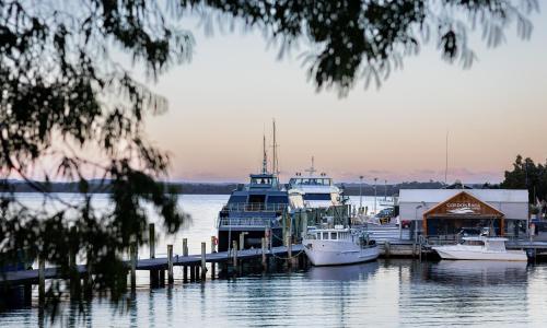 a group of boats docked at a dock on the water at The Seafarer in Strahan