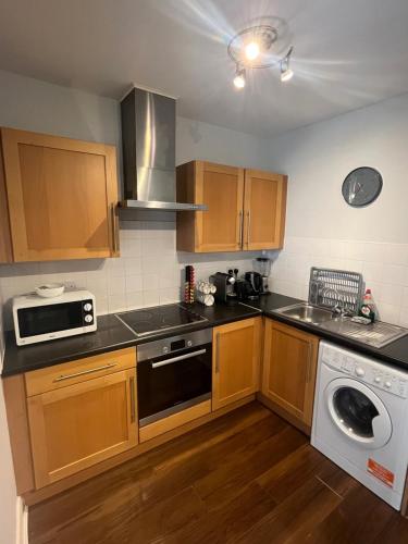 a kitchen with wooden cabinets and a washer and dryer at Bright Spacious Apartment in Dublin