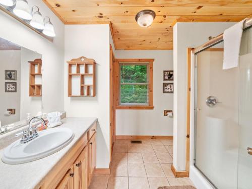 a bathroom with a sink and a shower at Mountain Air Hot Tub-Fire Pit in Bryson City