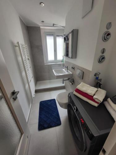 a small bathroom with a sink and a washing machine at TheOak Suite-Englischer Garten 2 Zimmer Apartment & Privat Parking in Munich