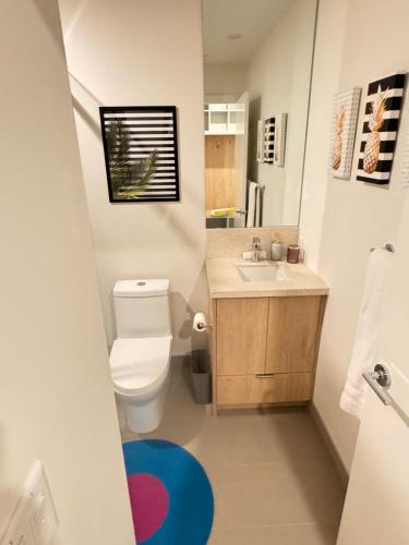a small bathroom with a toilet and a sink at RED Mountain Suite in Rossland