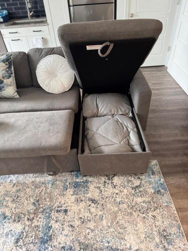 a cardboard box sitting on the floor next to a couch at Peaceful Pad on Peters in Atlanta