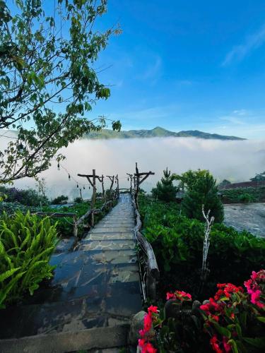 a stairway leading into a garden with fog in the background at Săn Mây Homestay and Coffee Măng Đen in Kon Tum