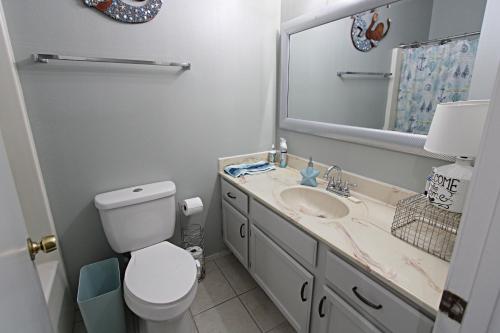 a bathroom with a toilet and a sink and a mirror at The Peaceful One in Foley