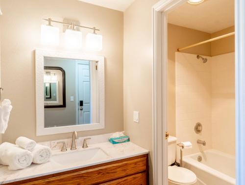 a bathroom with a sink and a toilet and a mirror at Road Creek Inn in Loa