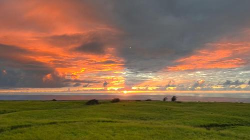 a sunset over the water with a green field at Peles Eye