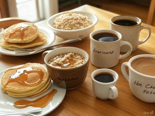 a table with plates of pancakes and cups of coffee at Secret Escape 20 Min from NYC N 1 in Jersey City