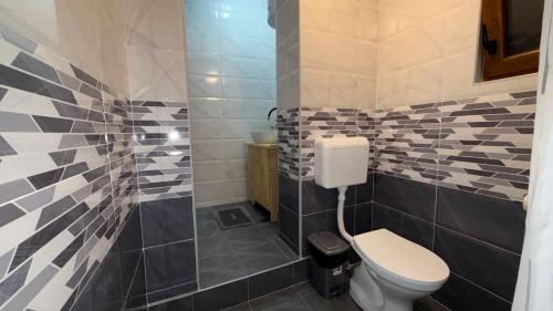 a bathroom with a toilet and a tiled wall at Vikendica Cerović in Kraljevo