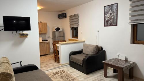 a living room with a couch and a chair at Vikendica Cerović in Kraljevo