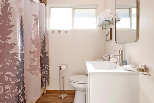 Un baño con inodoro, lavabo y espejo. en Montana cabin #1938, en Big Bear City