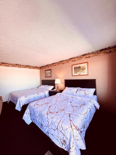 a hotel room with two beds and a lamp at Dakota Inn in Huron