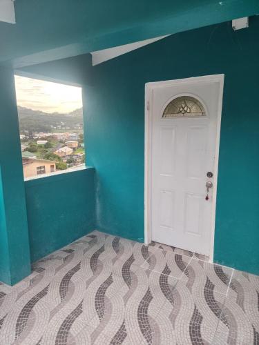 a blue room with a white door and a window at Cozy Sunwave in Kingstown