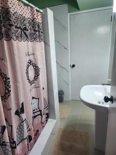 a bathroom with a shower curtain and a sink at Cozy Sunwave in Kingstown
