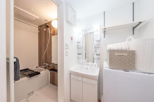 a white bathroom with a sink and a mirror at 銀座線徒歩9分 松が谷アパート in Tokyo