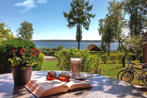 a table with a book and glasses and a drink at Seepark Heidenholz Plau am See in Plau am See