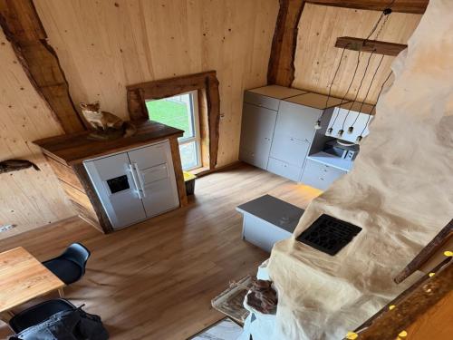 an overhead view of a kitchen in a log cabin at Chalet on the Wolfsberg in Harzgerode