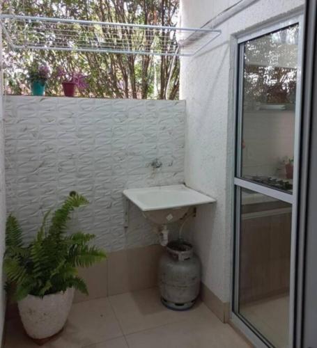 a bathroom with a sink and a potted plant at Flat Morada da Neblina! in Chapada dos Guimarães