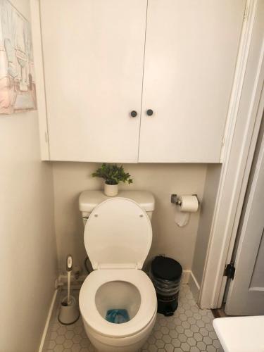 a bathroom with a toilet with a potted plant on it at Relaxing Cozy Back House with Backyard in Upland