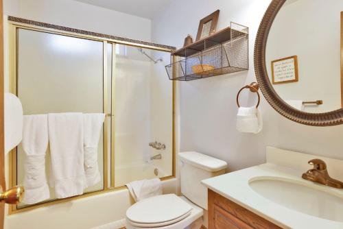 ein Badezimmer mit Dusche, Toilette und Waschbecken in der Unterkunft Chipmunk treehouse #1983 in Big Bear Lake