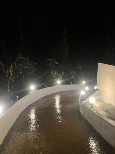 a bridge over a river at night with lights at Greenspun Nature stay in Somvārpet