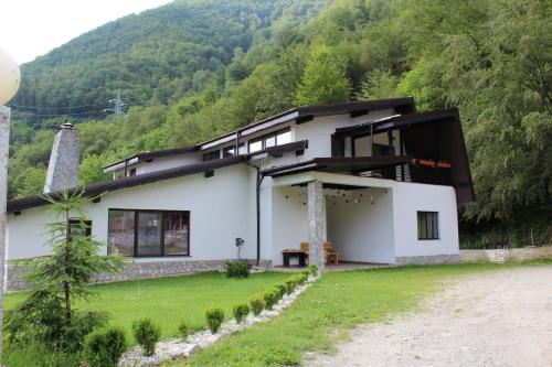 a large white house with a mountain in the background at Casuta Didi in Brezoi