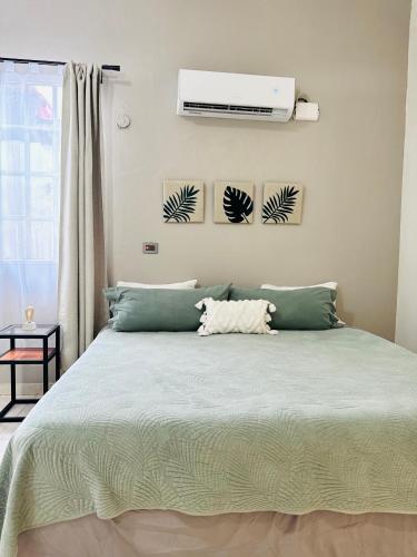 a bedroom with a green bed with a air conditioner at Lunas Apartment in Palenque