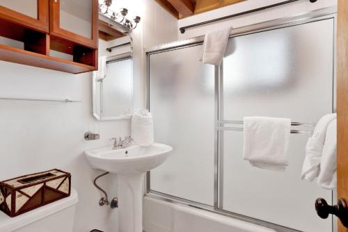 ビッグ・ベアー・レイクにあるKozy cabin #2386のシャワーと洗面台付きのバスルーム
