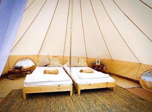 two beds in a tent in a room at Villa Can Gavarres in Bell-Lloch