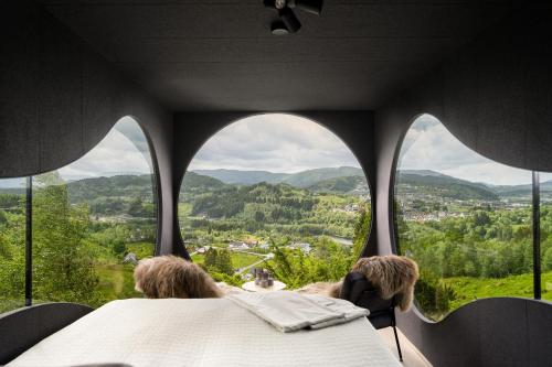 two dogs sitting on a bed looking out of two windows at Birdbox Bergen in Bergen