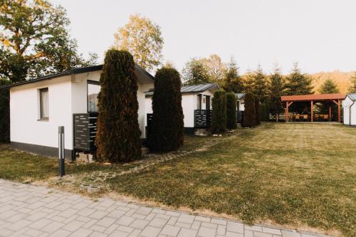 a white house with trees in the yard at Szépasszony Guest House in Vlăhiţa