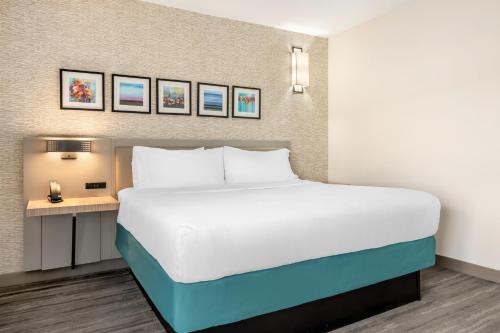 a bedroom with a large bed and a desk at Hilton Garden Inn Wisconsin Dells in Wisconsin Dells