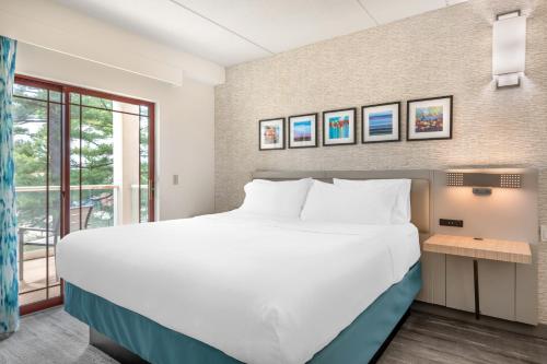 a large white bed in a room with a window at Hilton Garden Inn Wisconsin Dells in Wisconsin Dells