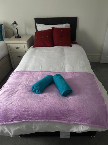 a bed with a purple blanket and red pillows at Family Contractor Modern Home Sleeps 7 Free parking in Grimsby