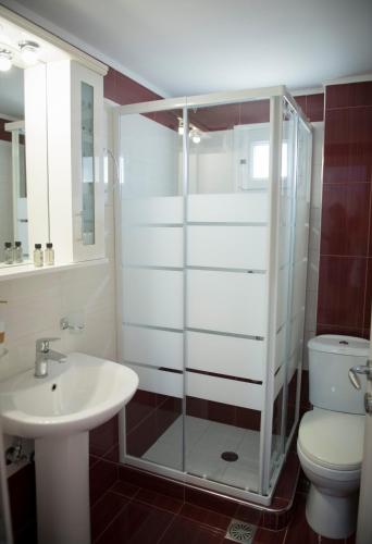 a bathroom with a shower and a toilet and a sink at Irida Suite in Salamís