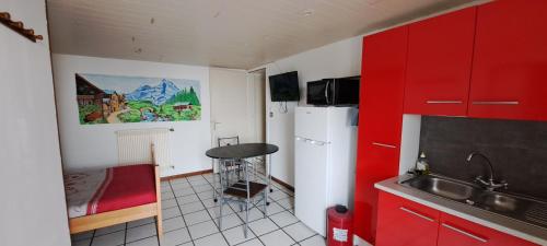 a small kitchen with red cabinets and a sink at Studio des cimes in Bussang