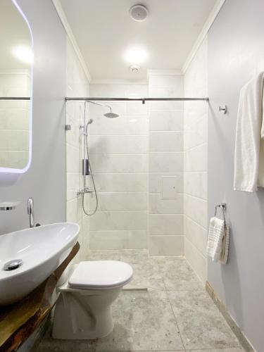 アルマトイにあるKeremet Hotelのトイレと洗面台を備えた白いバスルーム