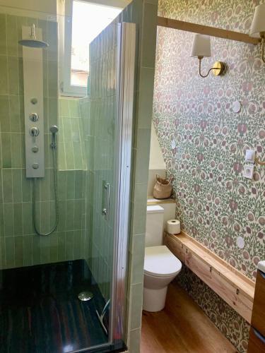 a bathroom with a shower with a toilet and a glass door at L Henri in Oloron-Sainte-Marie