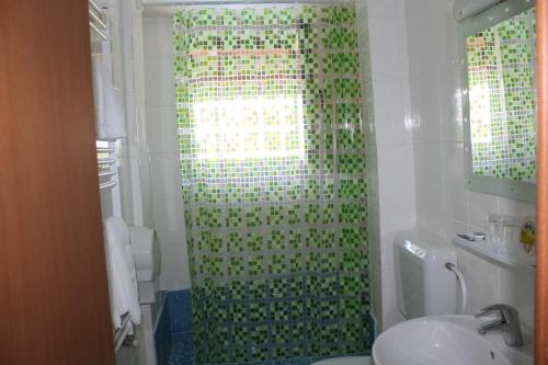 a bathroom with a shower with a green shower curtain at Pensiunea Califar in Dunavăţu de Jos