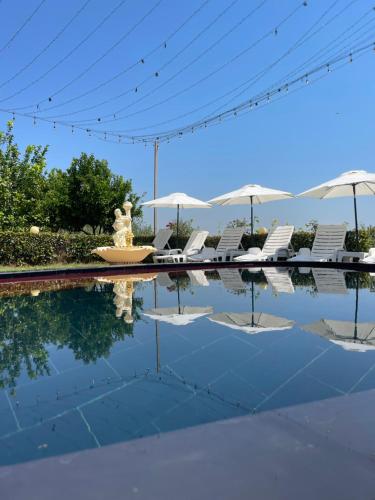 a pool with chairs and a fountain and umbrellas at Vila Dy Bukurite in Draçi