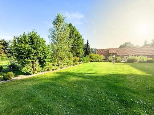 a large yard with green grass and a building at "Grüne Oase" in der Lüneburger Heide in Altenmedingen