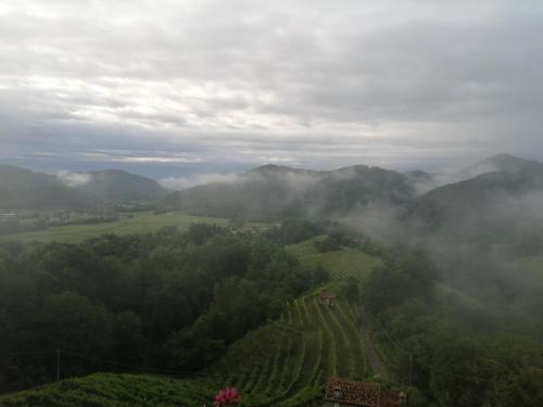 an aerial view of a valley with trees and clouds at Colle del Sole - Ritiro di Natura e Benessere tra le Colline del Prosecco in Miane