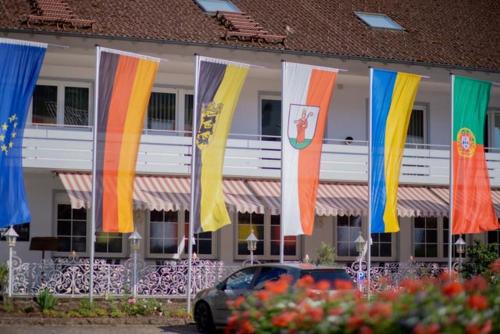 a group of flags in front of a building at Stube Hotel und Gasthaus in Nordrach